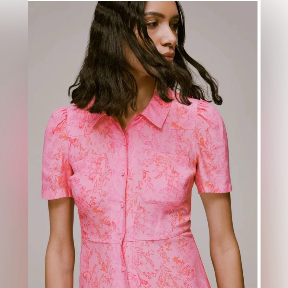 Whistles Robyn baroque-print woven midi shirt dress in pink/multi - Picture 7 of 13